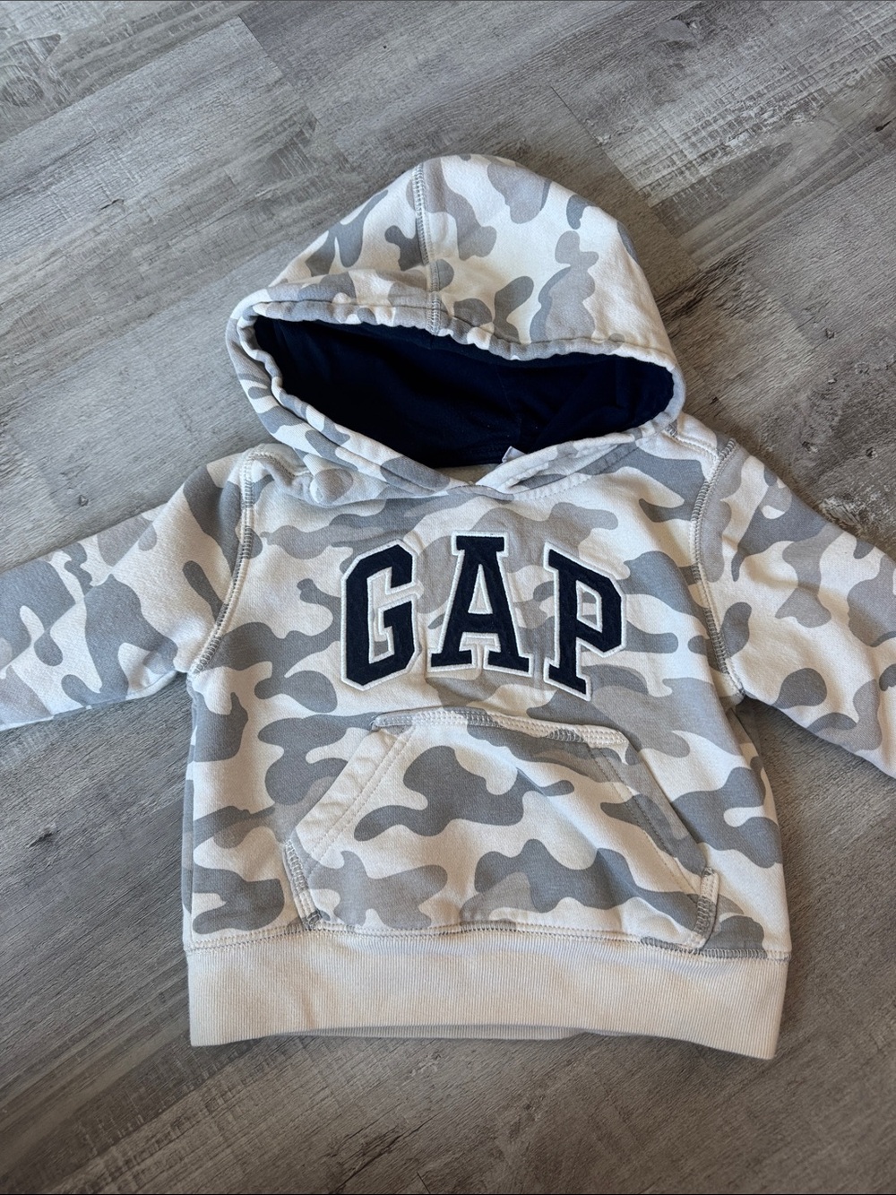 GAP Toddler Gray Camo Hoodie with Navy Lettering 18-24m